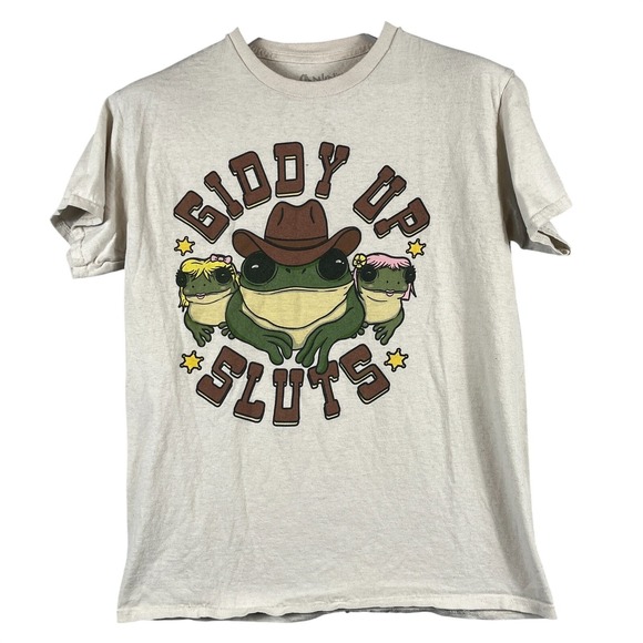 Spencer's Other - Spencers Mens Medium Giddy Up Sluts Frog Cowboy Graphic Tee Cream Funny Western